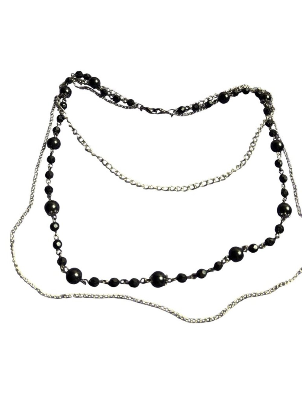 3 Strand Necklace Black Glass Beads Silvertone Chains 18 inches 24 inches 27 in.